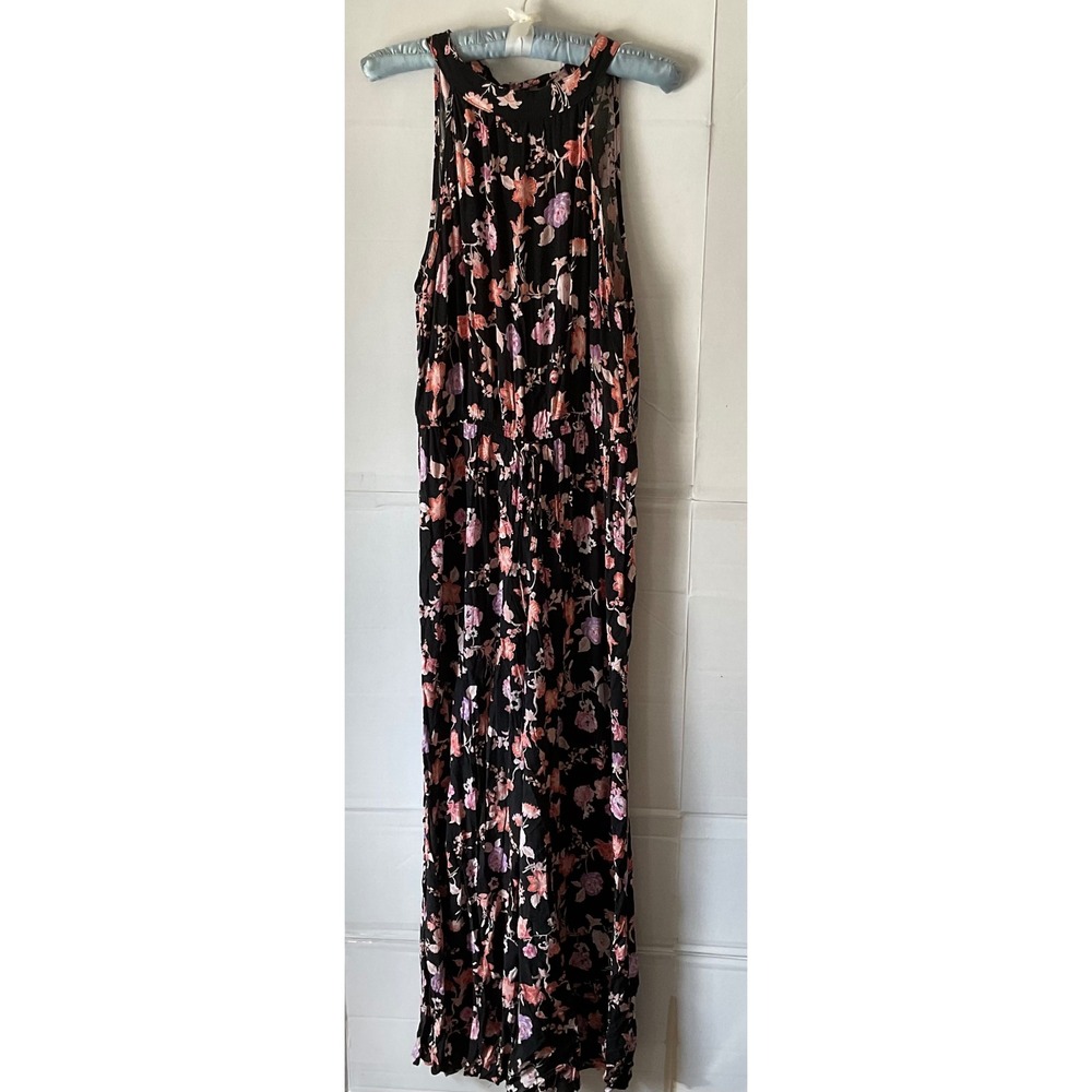 Band of Gypsies Floral Halter Jumpsuit Black Pink Medium Wide Leg Viscose Boho